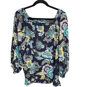 LOFT Top Shirt Womens Navy Blue Square Neck 3/4 Balloon Sleeve Floral Chiffon Lg
